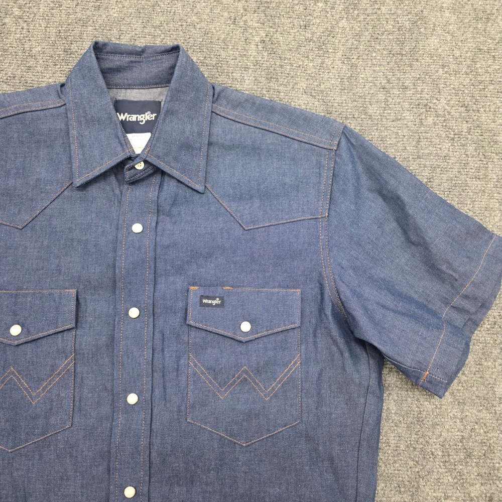 Wrangler Mens Western Denim Short Sleeve Pearl Snap Shirt Blue MS7390D Medium